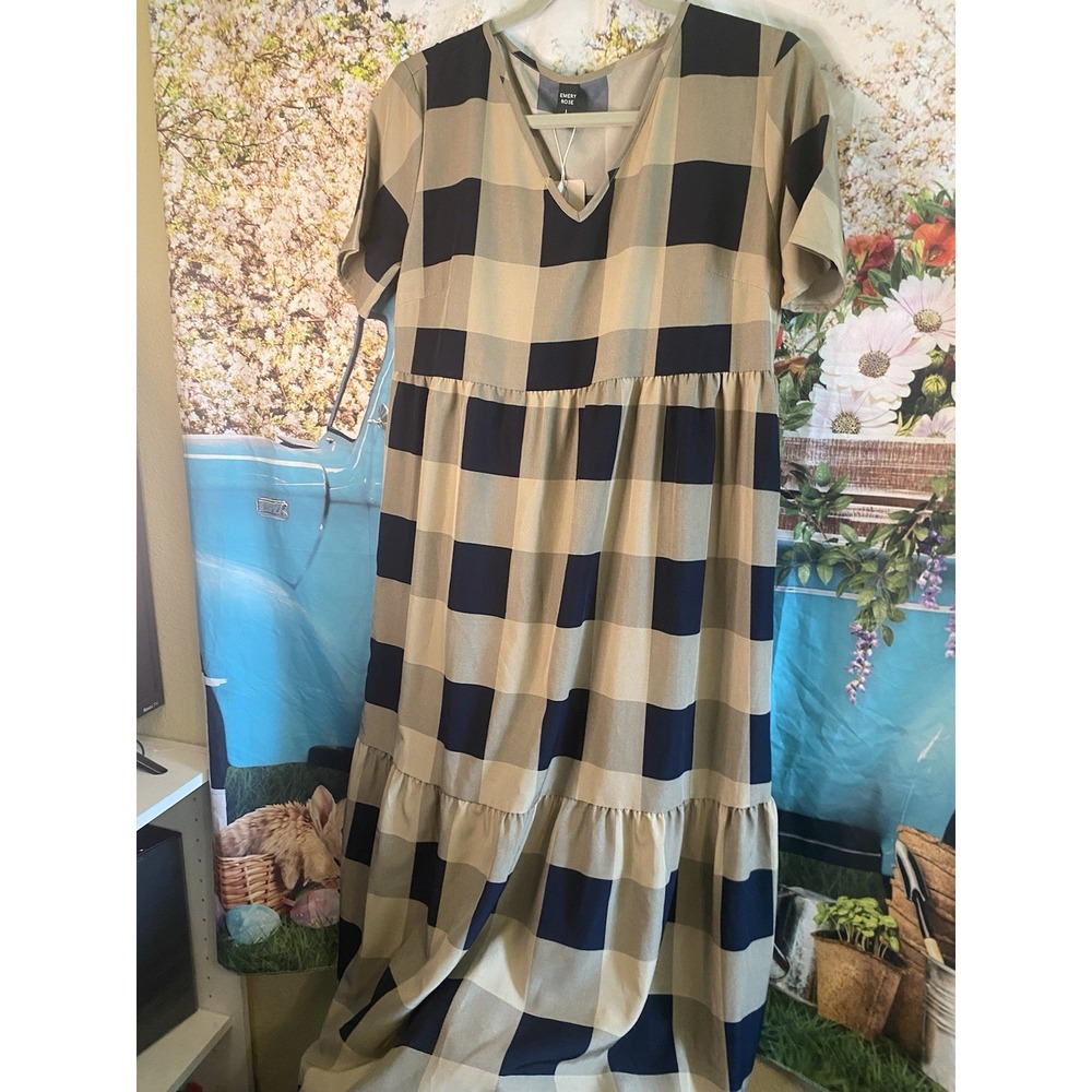 Women's Fit & Flare Dress Woven Buffalo Check Blue White Large